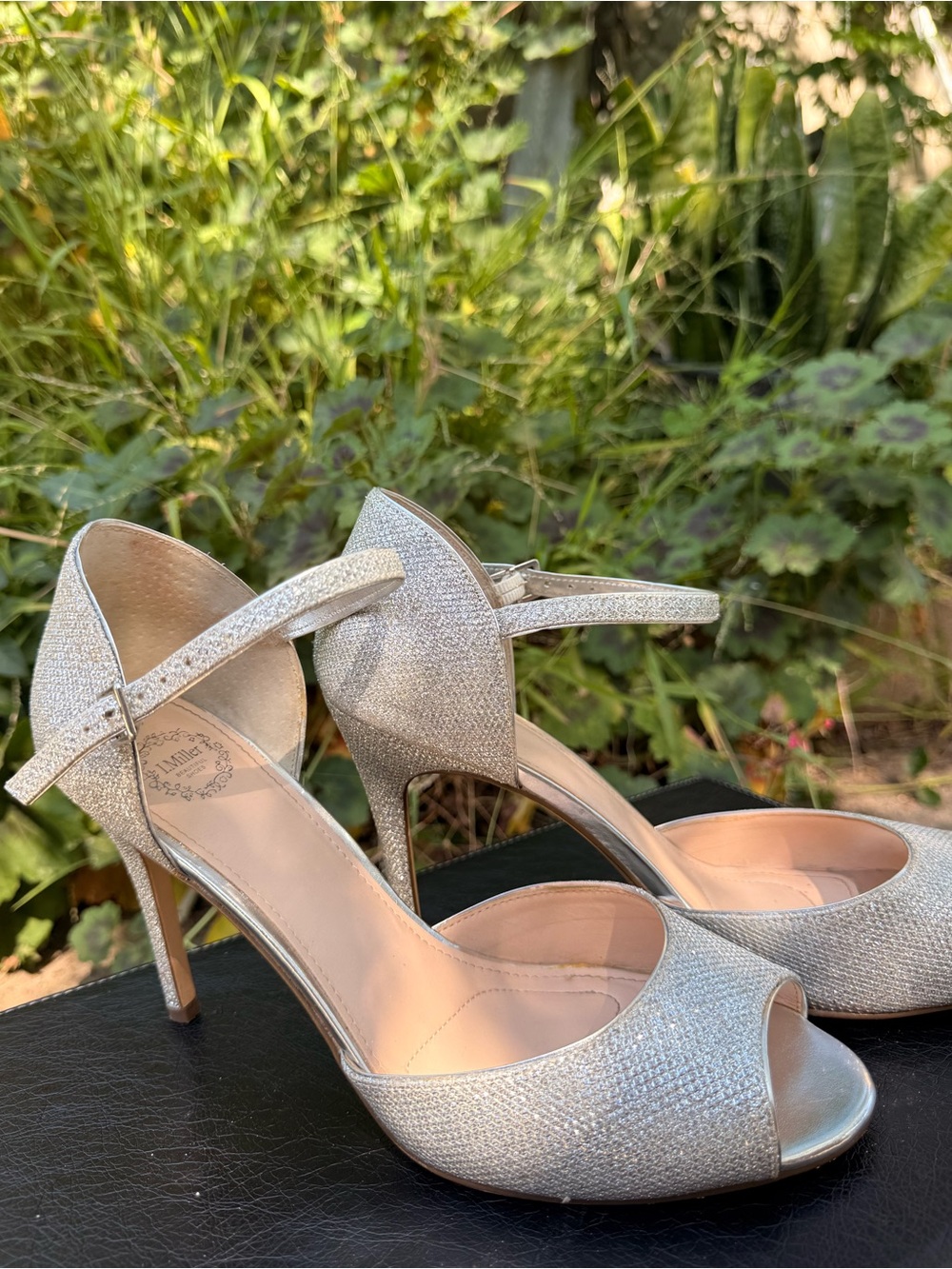 Silver Peep-Toe Ankle Strap Heels